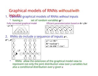 Graphical models of RNNs without/with
inputs
1. Directed graphical models of RNNs without inputs
• having a set of random variables y(t) :
Fully connected graphical model Efficient parameterization based on h(t)=f(h(t-
1),x(t);θ)
2. RNNs do include a sequence of inputs x(1),
x(2),..x(τ)
• RNNs allow the extension of the graphical model view to
represent not only the joint distribution view over y variables but
also a conditional distribution over y given x
o(t)=c+Vh(t)
h(t)=tanh(a(t))
a(t)=b+Wh(t-1)+Ux(t)
 