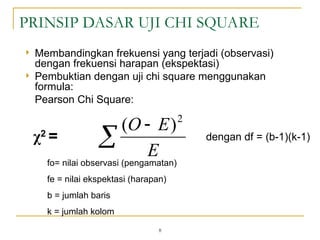  Membandingkan frekuensi yang terjadi (observasi)
dengan frekuensi harapan (ekspektasi)
 Pembuktian dengan uji chi square menggunakan
formula:
Pearson Chi Square:
8
PRINSIP DASAR UJI CHI SQUARE
dengan df = (b-1)(k-1)
fo= nilai observasi (pengamatan)
fe = nilai ekspektasi (harapan)
b = jumlah baris
k = jumlah kolom


E
E
O 2
)
(
χ2
=
 
