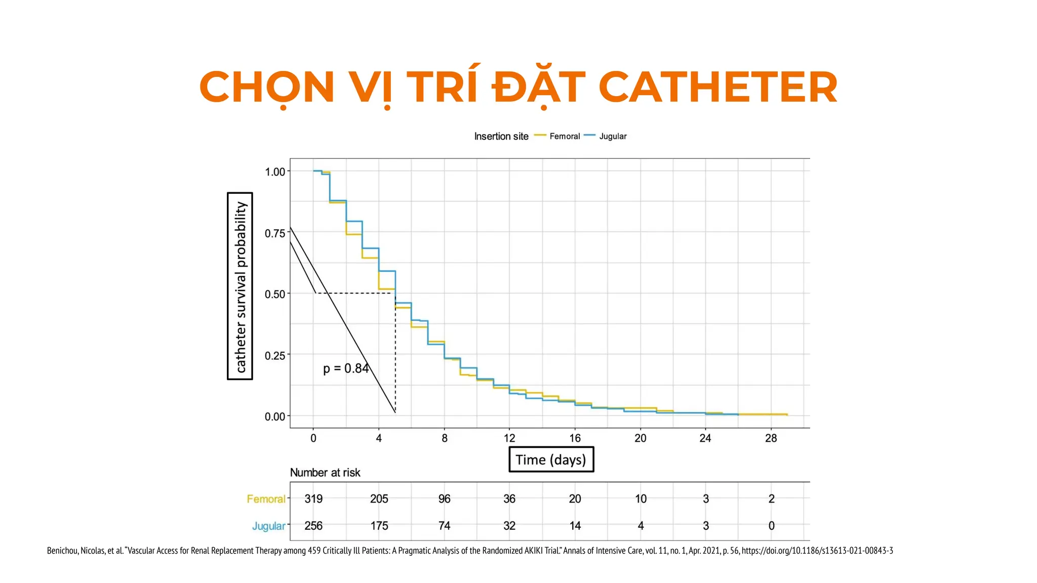 CHỌN VỊ TRÍ ĐẶT CATHETER
Benichou,Nicolas,et al.“Vascular Access for Renal Replacement Therapy among 459 Critically Ill Patients: A Pragmatic Analysis of the Randomized AKIKI Trial.”Annals of Intensive Care,vol.11,no.1,Apr.2021,p.56,https://doi.org/10.1186/s13613-021-00843-3
 