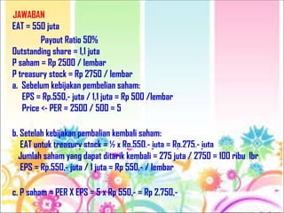 JAWABAN
EAT = 550 juta
Payout Ratio 50%
Outstanding share = 1,1 juta
P saham = Rp 2500 / lembar
P treasury stock = Rp 2750 / lembar
a. Sebelum kebijakan pembelian saham:
EPS = Rp.550,- juta / 1,1 juta = Rp 500 /lembar
Price <- PER = 2500 / 500 = 5
b. Setelah kebijakan pembalian kembali saham:
EAT untuk treasury stock = ½ x Rp.550,- juta = Rp.275,- juta
Jumlah saham yang dapat ditarik kembali = 275 juta / 2750 = 100 ribu lbr
EPS = Rp.550,- juta / 1 juta = Rp 550,- / lembar
c. P saham = PER X EPS = 5 x Rp 550,- = Rp 2.750,-
 