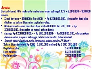 Jawab:
Stock dividend 10%, maka ada tambahan saham sebanyak 10% x 3.000.000 = 300.000
lembar.
 Stock deviden = 300.000 x Rp 4.000,- = Rp 1.200.000.000,- ditransfer dari laba
ditahan ke saham biasa dan capital surplus.
 Nilai nominal saham tidak berubah, maka 300.000 lbr x Rp 1.000 = Rp
300.000.000, ditransfer ke modal saham biasa.
 sisanya Rp 1.200 000 000,- – Rp 300.000.000,- = Rp 900.000.000,- dimasukkan
dalam capital surplus, sehingga total modal sendiri tidak berubah.
 Setelah stock dividend maka komposisi modal sendiri PT Abadi :
Saham biasa (nominal Rp 1000 ; 3.300.000 lembar) Rp 3 300 000 000
Capital surplus 2 400 000 000
Laba ditahan 6 300 000 000
Modal sendiri 12 000 000 000
 