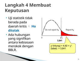  Uji statistik tidak
berada pada
daerah kritis  Ho
ditolak
 Ada hubungan
yang signifikan
antara kebiasaan
merokok dengan
BBLR.
13
Langkah 4 Membuat
Keputusan
χ2
(hitung) = 4,92 > χ2
(tabel) = 3,841
3,841
 