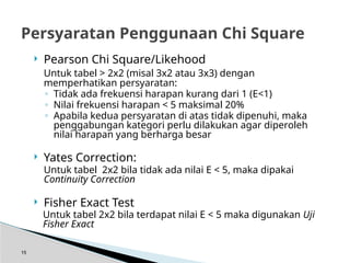 Pearson Chi Square/Likehood
Untuk tabel > 2x2 (misal 3x2 atau 3x3) dengan
memperhatikan persyaratan:
◦ Tidak ada frekuensi harapan kurang dari 1 (E<1)
◦ Nilai frekuensi harapan < 5 maksimal 20%
◦ Apabila kedua persyaratan di atas tidak dipenuhi, maka
penggabungan kategori perlu dilakukan agar diperoleh
nilai harapan yang berharga besar
 Yates Correction:
Untuk tabel 2x2 bila tidak ada nilai E < 5, maka dipakai
Continuity Correction
 Fisher Exact Test
Untuk tabel 2x2 bila terdapat nilai E < 5 maka digunakan Uji
Fisher Exact
15
Persyaratan Penggunaan Chi Square
 