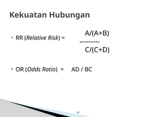  RR (Relative Risk) =
 OR (Odds Ratio) = AD / BC
25
Kekuatan Hubungan
A/(A+B)
---------
C/(C+D)
 