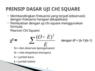  Membandingkan frekuensi yang terjadi (observasi)
dengan frekuensi harapan (ekspektasi)
 Pembuktian dengan uji chi square menggunakan
formula:
Pearson Chi Square:
6
PRINSIP DASAR UJI CHI SQUARE
dengan df = (b-1)(k-1)
fo= nilai observasi (pengamatan)
fe = nilai ekspektasi (harapan)
b = jumlah baris
k = jumlah kolom


E
E
O 2
)
(
χ2
=
 