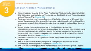 Langkah Kegiatan (Visitasi Daring)
r. Ketua tim asesor mengisi Berita Acara Pelaksanaan Visitasi melalui Sispena-S/M dan
ditandatangani secara digital oleh kedua asesor dan kepala sekolah/madrasah pada
aplikasi Sispena-S/M. (Format 3.2).
s. Tim Asesor mengunggah foto dokumentasi hasil visitasi berupa: a) 4 (empat) foto
sarana dan prasarana; b) 4 (empat) foto kegiatan sekolah/madrasah; c) 1 (satu) foto
kegiatan temu awal, dan d) 1 (satu) foto kegiatan temu akhir, pada aplikasi Sispena-
S/M.
t. Kepala sekolah/madrasah mengisi Kartu Kendali Proses Visitasi dan
menandatanganinya secara digital melalui aplikasi Sispena-S/M. Kartu Kendali dapat
diisi oleh kepala sekolah/madrasah setelah tim asesor menyelesaikan penilaian di
Sispena-S/M. Kartu Kendali tidak perlu dikirim ke BAN-S/M atau BAN-S/M Provinsi
dalam bentuk salinan cetak (Format 3.3).
u. Tim asesor menyampaikan laporan visitasi ke BAN-S/M Provinsi melalui aplikasi
Sispena-S/M.
v. BAN-S/M Provinsi melakukan pengecekan kelengkapan laporan visitasi dan
rekomendasi melalui aplikasi Sispena-S/M (Format 3.4).
w. BAN-S/M Provinsi mengecek Kartu Kendali Proses Visitasi melalui aplikasi Sispena-
S/M
VISITASI KE SEKOLAH/MADRASAH
CONTOH
LANGKAH
3
 