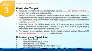 Waktu dan Tempat
1. Visitasi ke sekolah/madrasah dilaksanakan selama ………..hari dengan minimal ……
jam per hari secara luring atau daring.
2. Visitasi ke Sekolah Menengah Kejuruan/Madrasah Aliyah Kejuruan (SMK/MAK)
yang memiliki sampai dengan 4 (empat) program keahlian dilaksanakan selama ….
hari, sedangkan yang memiliki lebih dari 4 (empat) program keahlian dilaksanakan
selama ………….hari.
3. Visitasi ke Satuan Pendidikan Kerja Sama (SPK) satu atap yang memiliki 2 (dua)
jenjang pendidikan dilaksanakan selama 3 (tiga) hari, dan 3 (tiga) jenjang
pendidikan dilaksanakan selama 4 (empat) hari.
4. Tim asesor menyelesaikan laporan hasil visitasi melalui aplikasi Sispena-S/M,
selambat-lambatnya ……………………. setelah visitasi.
Dokumen yang Diperlukan
1. Surat tugas asesor.
2. Format Pakta Integritas Asesor.
3. Format Berita Acara Visitasi.
4. Format Laporan Individu dan Kelompok Asesor
5. Format Kartu Kendali.
VISITASI KE SEKOLAH/MADRASAH
CONTOH
LANGKAH
3
 
