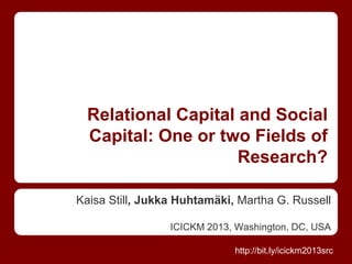 Relational Capital and Social
Capital: One or two Fields of
Research?
Kaisa Still, Jukka Huhtamäki, Martha G. Russell
ICICKM 2013, Washington, DC, USA
http://bit.ly/icickm2013src

 