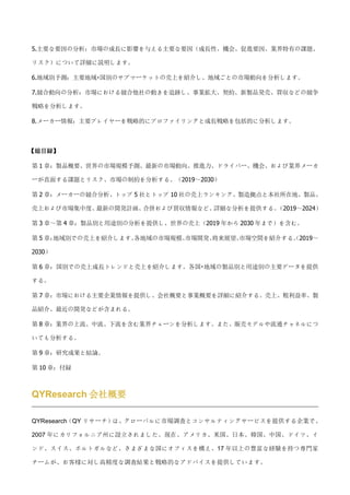 5.主要な要因の分析：市場の成長に影響を与える主要な要因（成長性、機会、促進要因、業界特有の課題、
リスク）について詳細に説明します。
6.地域別予測：主要地域・国別のサブマーケットの売上を紹介し、地域ごとの市場動向を分析します。
7.競合動向の分析：市場における競合他社の動きを追跡し、事業拡大、契約、新製品発売、買収などの競争
戦略を分析します。
8.メーカー情報：主要プレイヤーを戦略的にプロファイリングと成長戦略を包括的に分析します。
【総目録】
第 1 章：製品概要、世界の市場規模予測、最新の市場動向、推進力、ドライバー、機会、および業界メーカ
ーが直面する課題とリスク、市場の制約を分析する。（2019～2030）
第 2 章：メーカーの競合分析、トップ 5 社とトップ 10 社の売上ランキング、製造拠点と本社所在地、製品、
売上および市場集中度、
最新の開発計画、
合併および買収情報など、
詳細な分析を提供する。
（2019～2024）
第 3 章～第 4 章：製品別と用途別の分析を提供し、世界の売上（2019 年から 2030 年まで）を含む。
第 5 章：
地域別での売上を紹介します。
各地域の市場規模、
市場開発、
将来展望、
市場空間を紹介する。
（2019～
2030）
第 6 章：国別での売上成長トレンドと売上を紹介します。各国・地域の製品別と用途別の主要データを提供
する。
第 7 章：市場における主要企業情報を提供し、会社概要と事業概要を詳細に紹介する。売上、粗利益率、製
品紹介、最近の開発などが含まれる。
第 8 章：業界の上流、中流、下流を含む業界チェーンを分析します。また、販売モデルや流通チャネルにつ
いても分析する。
第 9 章：研究成果と結論。
第 10 章：付録
QYResearch 会社概要
QYResearch（QY リサーチ）は、グローバルに市場調査とコンサルティングサービスを提供する企業で、
2007 年にカリフォルニア州に設立されました。現在、アメリカ、米国、日本、韓国、中国、ドイツ、イ
ンド、スイス、ポルトガルなど、さまざまな国にオフィスを構え、17 年以上の豊富な経験を持つ専門家
チームが、お客様に対し高精度な調査結果と戦略的なアドバイスを提供しています。
 