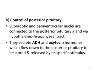 b) Control of posterior pituitary:
• Supraoptic and paraventricular nuclei are
connected to the posterior pituitary gland via
hypothalamo-hypophyseal tract.
• They secrete ADH and oxytocin hormones
which flow down to the posterior pituitary to
be stored & released by its specific stimulus.
19
 