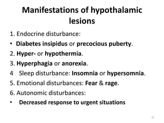 Manifestations of hypothalamic
lesions
1. Endocrine disturbance:
• Diabetes insipidus or precocious puberty.
2. Hyper- or hypothermia.
3. Hyperphagia or anorexia.
4 Sleep disturbance: Insomnia or hypersomnia.
5. Emotional disturbances: Fear & rage.
6. Autonomic disturbances:
• Decreased response to urgent situations
32
 