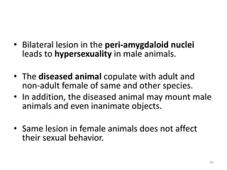 • Bilateral lesion in the peri-amygdaloid nuclei
leads to hypersexuality in male animals.
• The diseased animal copulate with adult and
non-adult female of same and other species.
• In addition, the diseased animal may mount male
animals and even inanimate objects.
• Same lesion in female animals does not affect
their sexual behavior.
56
 