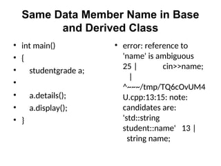 Same Data Member Name in Base
and Derived Class
• int main()
• {
• studentgrade a;
•
• a.details();
• a.display();
• }
• error: reference to
'name' is ambiguous
25 | cin>>name;
|
^~~~/tmp/TQ6cOvUM4
U.cpp:13:15: note:
candidates are:
'std::string
student::name' 13 |
string name;
 