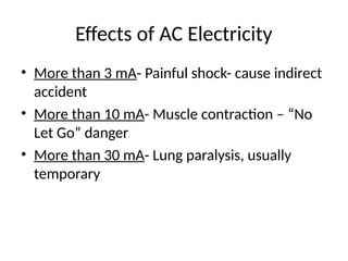 Effects of AC Electricity
• More than 3 mA- Painful shock- cause indirect
accident
• More than 10 mA- Muscle contraction – “No
Let Go” danger
• More than 30 mA- Lung paralysis, usually
temporary
 