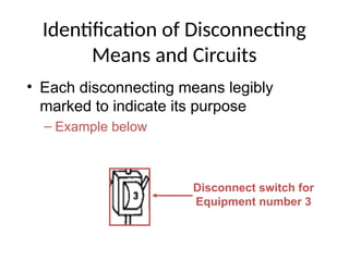 Identification of Disconnecting
Means and Circuits
• Each disconnecting means legibly
marked to indicate its purpose
– Example below
Disconnect switch for
Equipment number 3
 