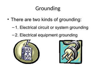 Grounding
• There are two kinds of grounding:
–1. Electrical circuit or system grounding
–2. Electrical equipment grounding
 