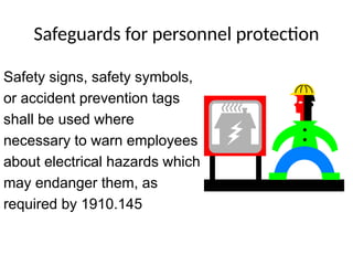 Safeguards for personnel protection
Safety signs, safety symbols,
or accident prevention tags
shall be used where
necessary to warn employees
about electrical hazards which
may endanger them, as
required by 1910.145
 