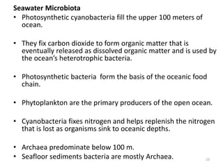 Seawater Microbiota
• Photosynthetic cyanobacteria fill the upper 100 meters of
ocean.
• They fix carbon dioxide to form organic matter that is
eventually released as dissolved organic matter and is used by
the ocean’s heterotrophic bacteria.
• Photosynthetic bacteria form the basis of the oceanic food
chain.
• Phytoplankton are the primary producers of the open ocean.
• Cyanobacteria fixes nitrogen and helps replenish the nitrogen
that is lost as organisms sink to oceanic depths.
• Archaea predominate below 100 m.
• Seafloor sediments bacteria are mostly Archaea. 23
 