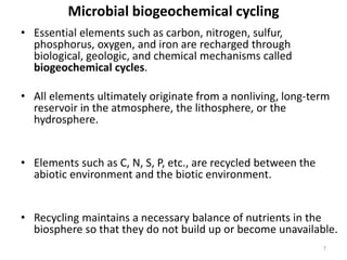 • Essential elements such as carbon, nitrogen, sulfur,
phosphorus, oxygen, and iron are recharged through
biological, geologic, and chemical mechanisms called
biogeochemical cycles.
• All elements ultimately originate from a nonliving, long-term
reservoir in the atmosphere, the lithosphere, or the
hydrosphere.
• Elements such as C, N, S, P, etc., are recycled between the
abiotic environment and the biotic environment.
• Recycling maintains a necessary balance of nutrients in the
biosphere so that they do not build up or become unavailable.
Microbial biogeochemical cycling
7
 