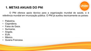 1. METAS ANUAIS DO PNI
O PNI oferece apoio técnico para a organização mundial de saúde, e é
referência mundial em imunização pública. O PNI já auxiliou tecnicamente os países:
• Palestina.
• Cisjordânia.
• Faixa de Gaza.
• Suriname.
• Angola.
• EUA.
• México.
• Guiana Francesa.
 