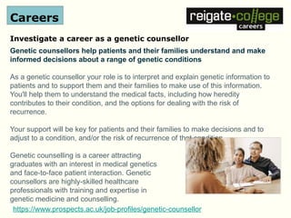 Careers
Investigate a career as a genetic counsellor
Genetic counsellors help patients and their families understand and make
informed decisions about a range of genetic conditions
As a genetic counsellor your role is to interpret and explain genetic information to
patients and to support them and their families to make use of this information.
You'll help them to understand the medical facts, including how heredity
contributes to their condition, and the options for dealing with the risk of
recurrence.
Your support will be key for patients and their families to make decisions and to
adjust to a condition, and/or the risk of recurrence of that condition.
Genetic counselling is a career attracting
graduates with an interest in medical genetics
and face-to-face patient interaction. Genetic
counsellors are highly-skilled healthcare
professionals with training and expertise in
genetic medicine and counselling.
https://www.prospects.ac.uk/job-profiles/genetic-counsellor
 