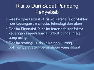 Risiko Dari Sudut Pandang
Penyebab
• Resiko operasional  risiko karena faktor-faktor
non keuangan : manusia, teknologi dan alam
• Resiko Finansial  risiko karena faktor-faktor
keuangan seperti harga, tinfkat bunga, mata
uang asing
• Resiko strategi  risiko karena kurang
optimalnya strategi perusahaan yang dibuat
10
 