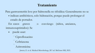 Tratamiento
Para gastroenteritis leve por Salmonella no tifoídica: Generalmente no se
indican antibióticos, solo hidratación, porque puede prolongar el
estado de portador.
o con riesgo (niños, ancianos,
En casos graves
inmunosuprimidos): Se
puede usar:
Ciprofloxacino
Ceftriaxona
Azitromicina
Jawetz, E. et al. Medical Microbiology, 28.ª ed. McGraw-Hill, 2021.
 
