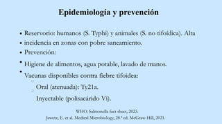 Epidemiología y prevención
Reservorio: humanos (S. Typhi) y animales (S. no tifoídica). Alta
incidencia en zonas con pobre saneamiento.
Prevención:
Higiene de alimentos, agua potable, lavado de manos.
Vacunas disponibles contra fiebre tifoidea:
Oral (atenuada): Ty21a.
Inyectable (polisacárido Vi).
Jawetz, E. et al. Medical Microbiology, 28.ª ed. McGraw-Hill, 2021.
WHO. Salmonella fact sheet, 2023.
 