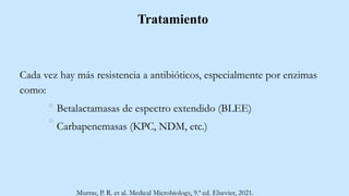 Tratamiento
Cada vez hay más resistencia a antibióticos, especialmente por enzimas
como:
Betalactamasas de espectro extendido (BLEE)
Carbapenemasas (KPC, NDM, etc.)
Murray, P. R. et al. Medical Microbiology, 9.ª ed. Elsevier, 2021.
 