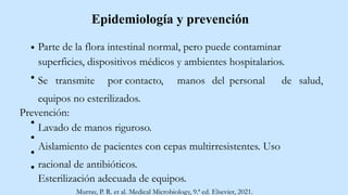 Epidemiología y prevención
Parte de la flora intestinal normal, pero puede contaminar
superficies, dispositivos médicos y ambientes hospitalarios.
Se transmite por contacto, manos del personal de salud,
equipos no esterilizados.
Prevención:
Lavado de manos riguroso.
Aislamiento de pacientes con cepas multirresistentes. Uso
racional de antibióticos.
Esterilización adecuada de equipos.
Murray, P. R. et al. Medical Microbiology, 9.ª ed. Elsevier, 2021.
 