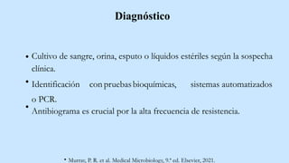 Diagnóstico
Cultivo de sangre, orina, esputo o líquidos estériles según la sospecha
clínica.
Identificación con pruebasbioquímicas, sistemas automatizados
o PCR.
Antibiograma es crucial por la alta frecuencia de resistencia.
Murray, P. R. et al. Medical Microbiology, 9.ª ed. Elsevier, 2021.
 