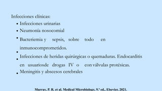 Infecciones clínicas:
Infecciones urinarias
Neumonía nosocomial
Bacteriemia y sepsis, sobre todo en
inmunocomprometidos.
Infecciones de heridas quirúrgicas o quemaduras. Endocarditis
en usuariosde drogas IV o con válvulas protésicas.
Meningitis y abscesos cerebrales
Murray, P. R. et al. Medical Microbiology, 9.ª ed., Elsevier, 2021.
 