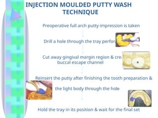 INJECTION MOULDED PUTTY WASH
TECHNIQUE
Preoperative full arch putty impression is taken
Drill a hole through the tray perforation
Cut away gingival margin region & create a
buccal escape channel
Reinsert the putty after finishing the tooth preparation &
inject
the light body through the hole
Hold the tray in its position & wait for the final set
 