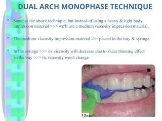 DUAL ARCH MONOPHASE TECHNIQUE
• Same as the above technique, but instead of using a heavy & light body
impression material >>> we'll use a medium viscosity impression material.
• The medium viscosity impression material ›>> placed in the tray & syringe
• In the syringe >>> its viscosity will decrease due to shear thinning effect
in the tray >>> its viscosity won't change
 