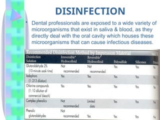 DISINFECTION
• Dental professionals are exposed to a wide variety of
microorganisms that exist in saliva & blood, as they
directly deal with the oral cavity which houses these
microorganisms that can cause infectious diseases.
 