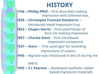 1756 ---Phillip Pffaf--- First described making
impression with softened wax.
1820 -- Christophe Francois Delabarre ---
Introduced metal impression tray
1853 -- Chapin Harris -- First used Plaster of
Paris for making impression
1857 -- Charles Stent -- First introduced
impression compound
1937 -- Sears -- First used agar for recording
impressions of crowns
1945 -- Alginate was introduced in the US during the
WW II
1955 -- S L Pearson -- Developed synthetic rubber
based impression materials
HISTORY
 