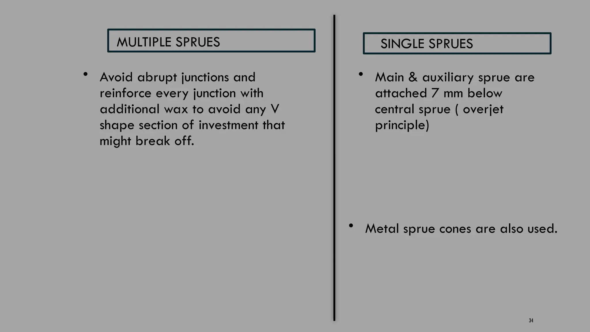 34
MULTIPLE SPRUES SINGLE SPRUES
• Avoid abrupt junctions and
reinforce every junction with
additional wax to avoid any V
shape section of investment that
might break off.
• Main & auxiliary sprue are
attached 7 mm below
central sprue ( overjet
principle)
• Metal sprue cones are also used.
 
