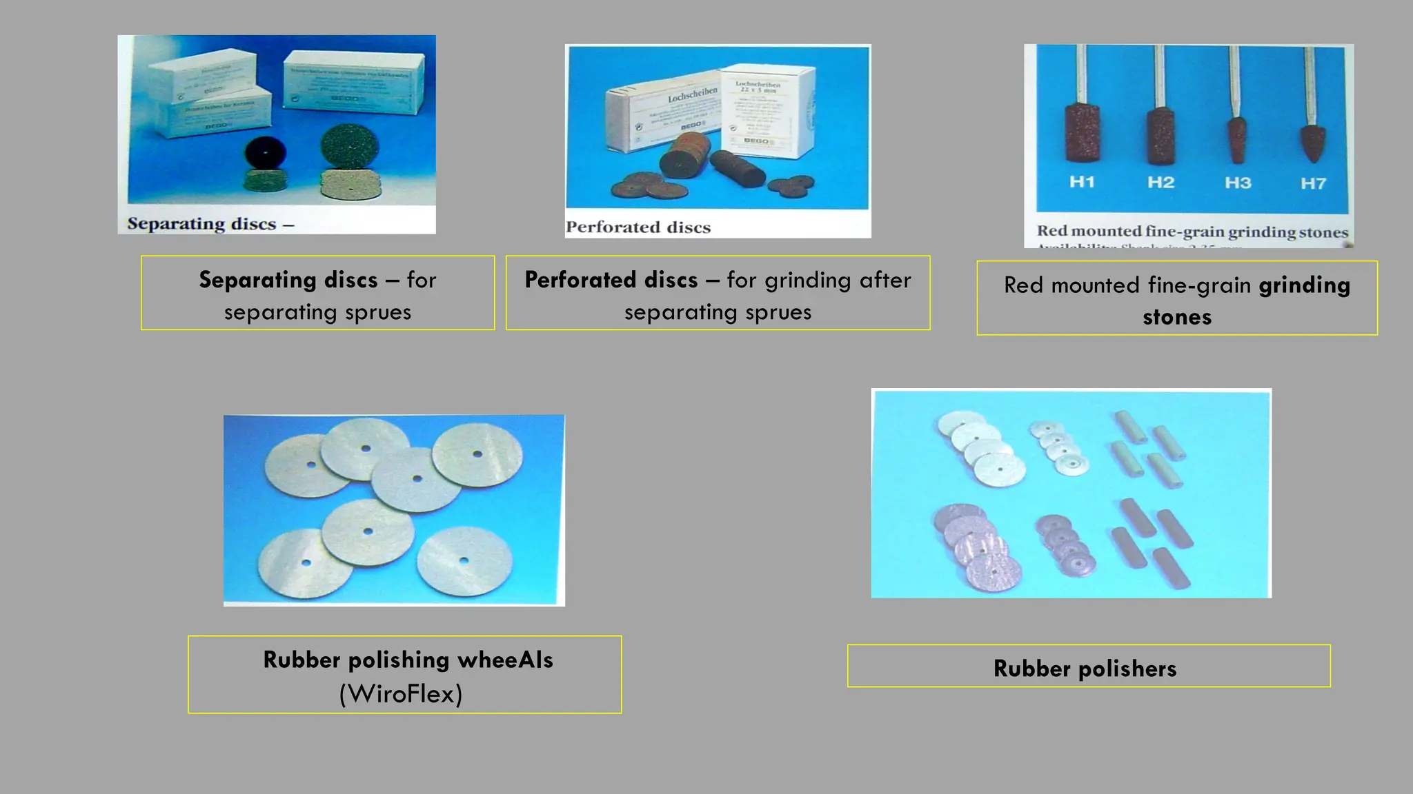 Red mounted fine-grain grinding
stones
Separating discs – for
separating sprues
Perforated discs – for grinding after
separating sprues
Rubber polishing wheeAls
(WiroFlex)
Rubber polishers
 