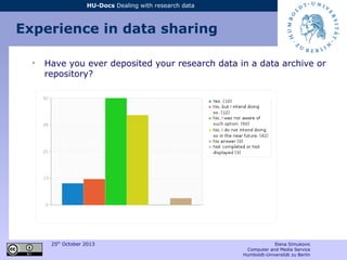 25th
October 2013 Elena Simukovic
Computer and Media Service
Humboldt-Universität zu Berlin
HU-Docs Dealing with research data
Experience in data sharing
➢
Have you ever deposited your research data in a data archive or
repository?
 