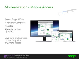 Modernization - Mobile Access
Access Sage 300 via
Personal Computer
Laptop
Mobile devices
(tablet)
Save time and increase
productivity with
anywhere access
.
.
.
.
 