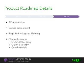  AP Automation
 Invoice presentment
 Sage Budgeting and Planning
 New web screens
 OE Shipment entry
 OE Invoice entry
 Core financials
Now Near Term Medium Term Long Term2017.0 2017.1 2017.2
Product Roadmap Details
 