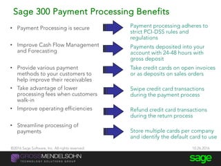 Sage 300 Payment Processing Benefits
• Payment Processing is secure
• Improve Cash Flow Management
and Forecasting
• Provide various payment
methods to your customers to
help improve their receivables
• Take advantage of lower
processing fees when customers
walk-in
• Improve operating efficiencies
• Streamline processing of
payments
Payment processing adheres to
strict PCI-DSS rules and
regulations
Payments deposited into your
account with 24-48 hours with
gross deposit
Take credit cards on open invoices
or as deposits on sales orders
Swipe credit card transactions
during the payment process
Refund credit card transactions
during the return process
Store multiple cards per company
and identify the default card to use
©2016 Sage Software, Inc. All rights reserved. 10.26.2016
 