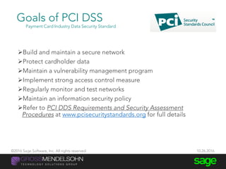 Build and maintain a secure network
Protect cardholder data
Maintain a vulnerability management program
Implement strong access control measure
Regularly monitor and test networks
Maintain an information security policy
Refer to PCI DDS Requirements and Security Assessment
Procedures at www.pcisecuritystandards.org for full details
Goals of PCI DSS
Payment Card Industry Data Security Standard
©2016 Sage Software, Inc. All rights reserved. 10.26.2016
 