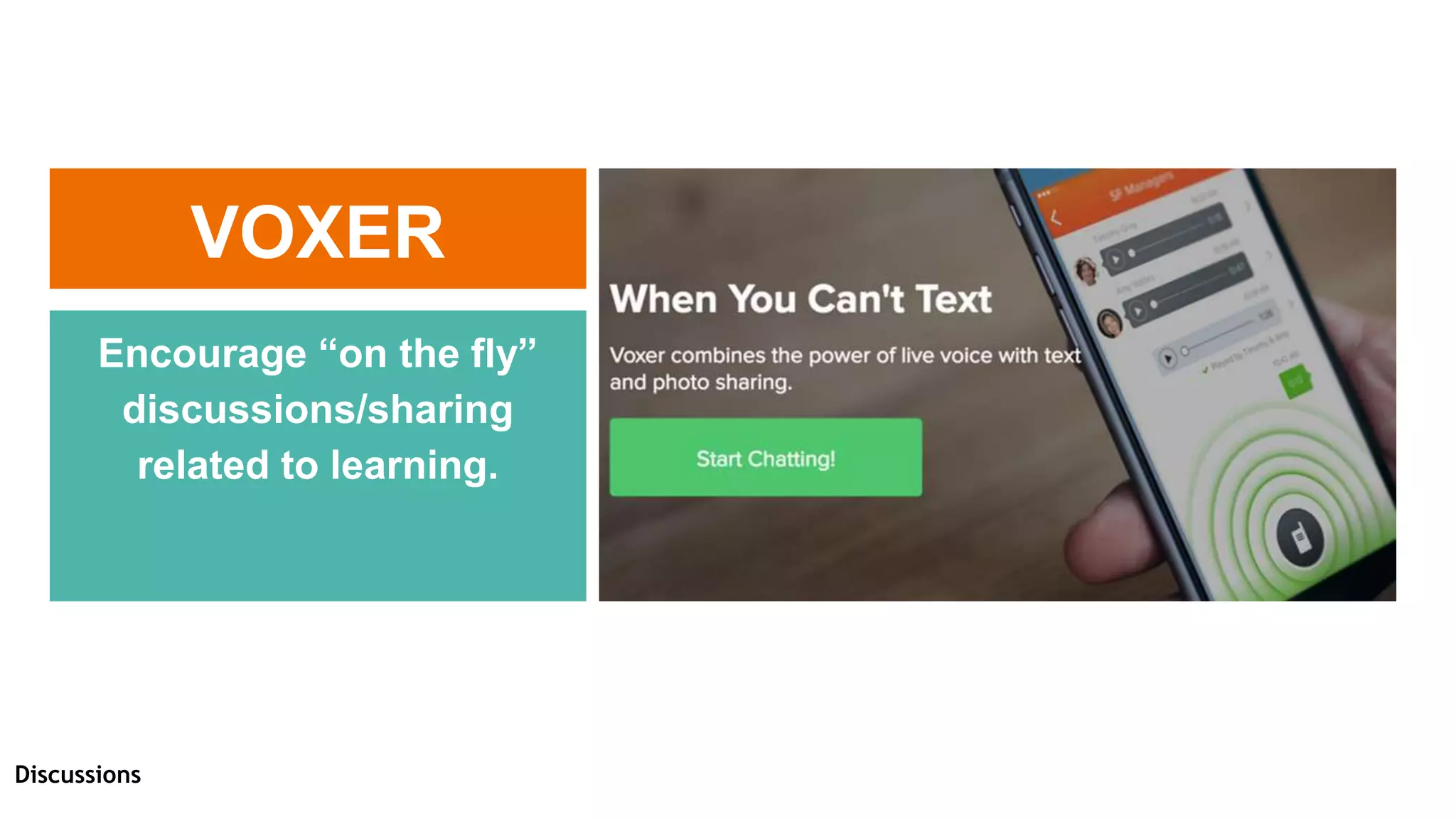 VOXER
Encourage “on the fly”
discussions/sharing
related to learning.
Discussions
 