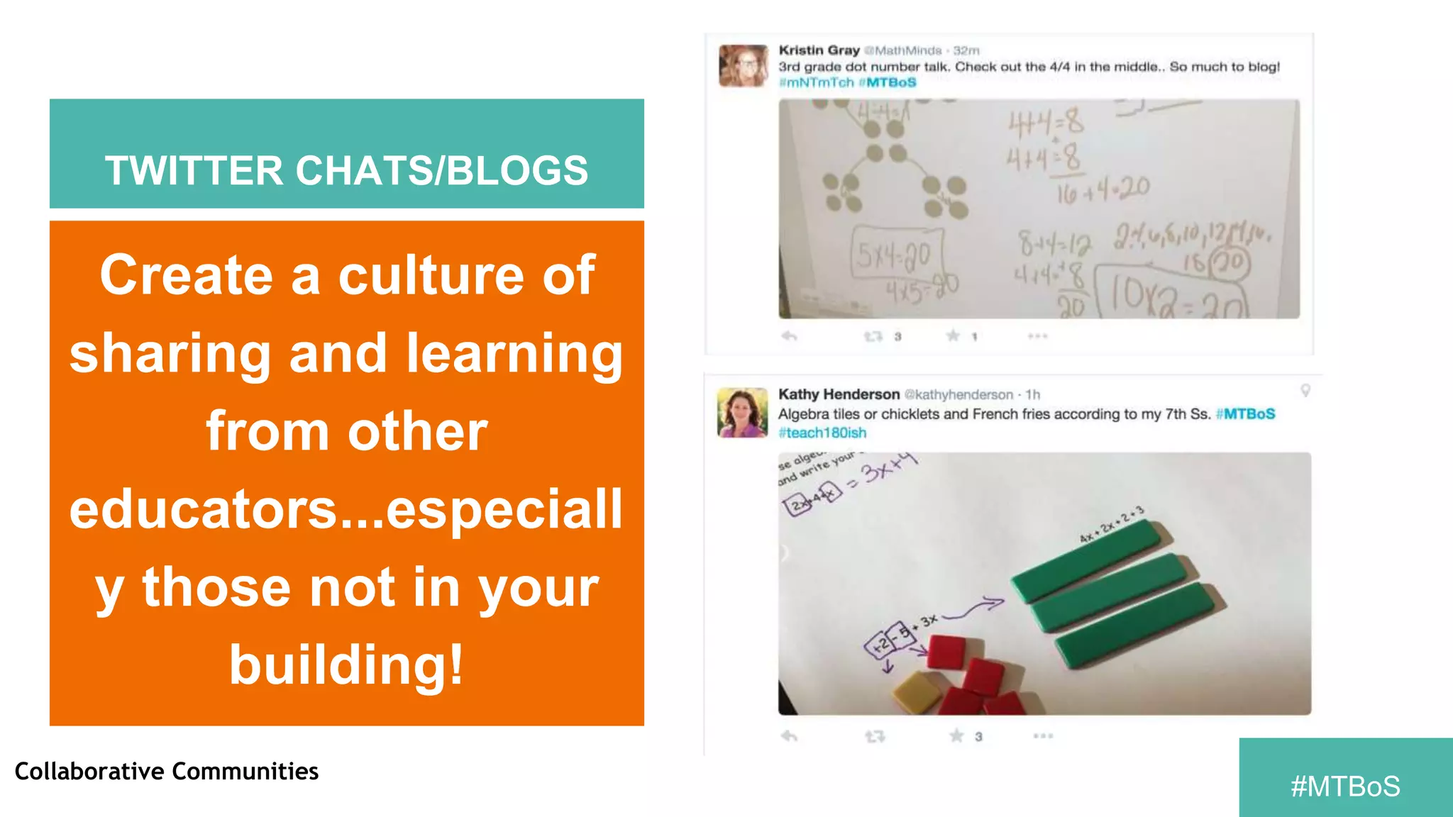 TWITTER CHATS/BLOGS
Create a culture of
sharing and learning
from other
educators...especiall
y those not in your
building!
Collaborative Communities
#MTBoS
 