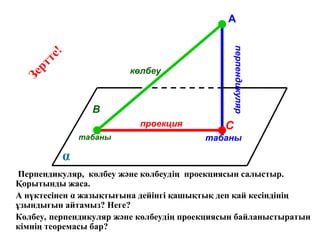 C
B
көлбеу
проекция
α
перпендикуляр
табаны табаны
А
Перпендикуляр, көлбеу және көлбеудің проекциясын салыстыр.
Қорытынды жаса.
А нүктесінен α жазықтығына дейінгі қашықтық деп қай кесіндінің
ұзындығын айтамыз? Неге?
Көлбеу, перпендикуляр және көлбеудің проекциясын байланыстыратын
кімнің теоремасы бар?
З
е
р
т
т
е
!
 