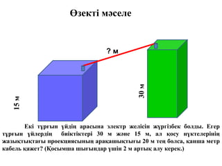 30
м
15
м
? м
Өзекті мәселе
Екі тұрғын үйдің арасына электр желісін жүргізбек болды. Егер
тұрғын үйлердің биіктіктері 30 м және 15 м, ал қосу нүктелерінің
жазықтықтағы проекциясының арақашықтығы 20 м тең болса, қанша метр
кабель қажет? (Қосымша шығындар үшін 2 м артық алу керек.)
 