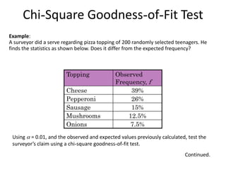 Chi-Square Goodness-of-Fit Test
Example:
A surveyor did a serve regarding pizza topping of 200 randomly selected teenagers. He
finds the statistics as shown below. Does it differ from the expected frequency?
Topping Observed
Frequency, f
Cheese 39%
Pepperoni 26%
Sausage 15%
Mushrooms 12.5%
Onions 7.5%
Continued.
Using  = 0.01, and the observed and expected values previously calculated, test the
surveyor’s claim using a chi-square goodness-of-fit test.
 