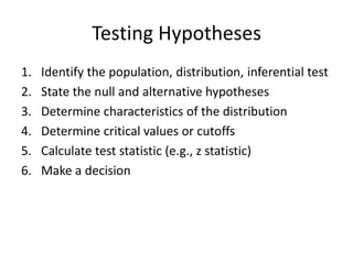 Testing Hypotheses
1. Identify the population, distribution, inferential test
2. State the null and alternative hypotheses
3. Determine characteristics of the distribution
4. Determine critical values or cutoffs
5. Calculate test statistic (e.g., z statistic)
6. Make a decision
 