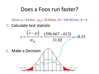 Does a Foos run faster?
Given: μ = 613sec , σM = 31.02sec, M = 596.667sec, N = 6
5. Calculate test statistic
6. Make a Decision
  (596.667 613)
0.53
31.02
M
x
z


 
   
 